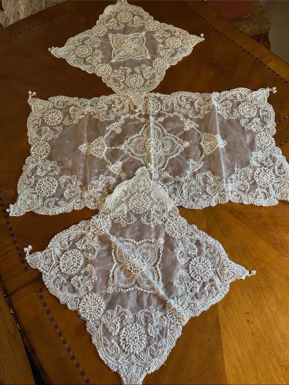 Hand Crafted White organza Embroidered Lace Table Set With pearl and sequins